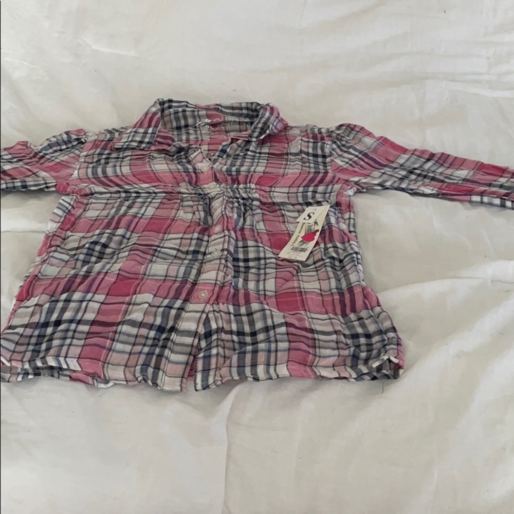 Pink gray and white plaid button down shirt
